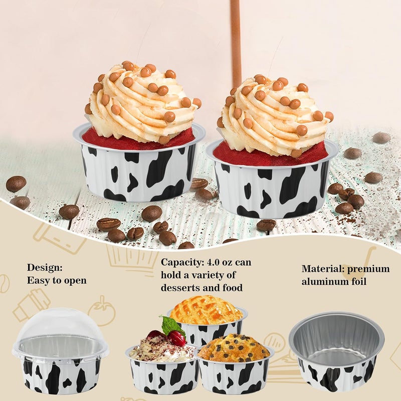 BAKINGPAK Aluminum Foil Baking Cups With Lids, 50pcs 4oz Disposable Ramekins Aluminum Pans Mini Cake Pans Cake Cups Thanksgiving, COW LINES, HG01AP125ACWX50 - Image 5